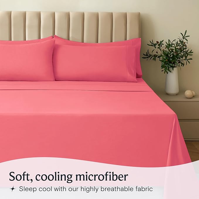 LuxClub 4 PC Sheet Set Bed Sheets Deep Pockets 16" Eco Friendly Wrinkle Free Cooling Machine Washable Hotel Bedding Silky Soft - Vermilion King