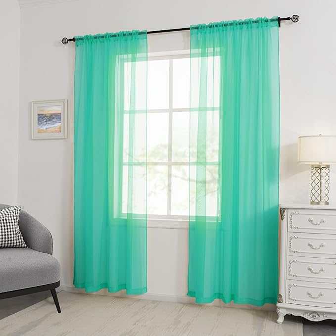 HUTO Turquoise Sheer Window Curtains Panels 52 Inches Wide by 96 Inches Long Rod Pocket Window Sheer Panels Drapes 2 Panels Curtains for Bedroom Living Room Nursery