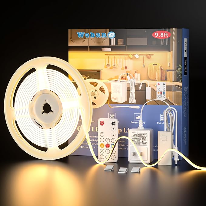 WOBANE COB LED Strip Light Kit,9.8ft Dimmable LED Light Strip with RF Remote for Kitchen Cabinet,Counter,Shelf,Hidden 3000K Warm White,CRI90+,Surper Bright,1500lm,Timing,960 LEDs,ETL Adapter