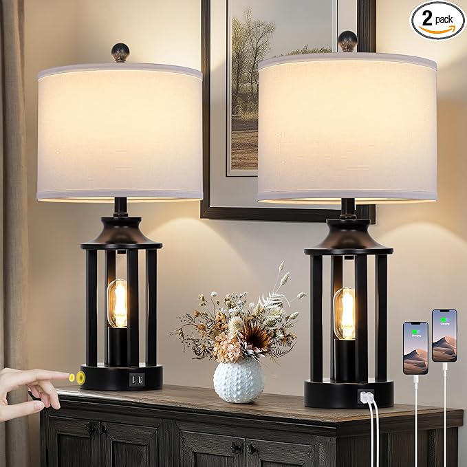 Black Living Room Lamps Set of 2, 3 Way Dimmable Touch Control Farmhouse Table Lamps with 2 USB Ports, Retro Bedside Lamp with 2 LED Nightlight,Rustic Bedroom Lamp for Nightstand(4 LED Bulbs Included)