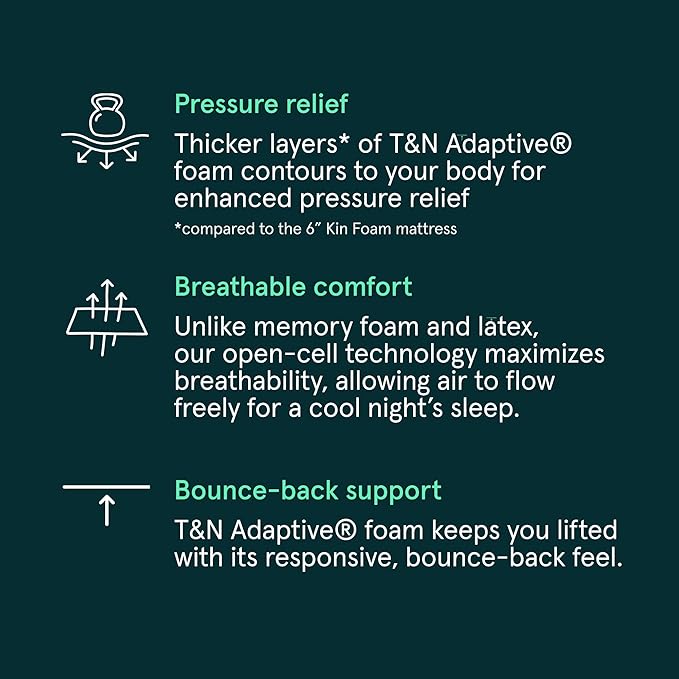 Kin By Tuft & Needle Firm 8" Queen Adaptive Foam Mattress in a Box, Cooling Pressure Relief, Balanced Support, 100 Night Trial, Fiberglass-Free, CertiPUR-US, 10-Year Limited Warranty