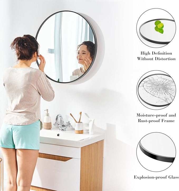 Sweetcrispy Black Round Wall Mirror 30 Inch, Bathroom Mirrors for Over Sink, Wall Decor for Bathroom, Entryway, Bedroom, Vanity