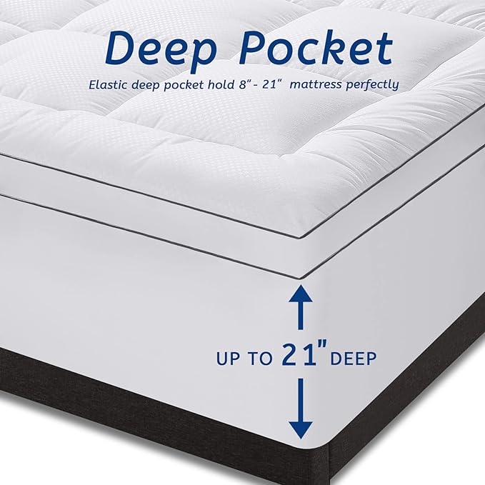 Full XL Size Mattress Topper for Back Pain, Cooling Extra Thick Mattress Pad Cover with 8-21 inch Deep Pocket, Plush Pillow Top Mattress Topper Overfilled with Down Alternative, Full Extra Long, White