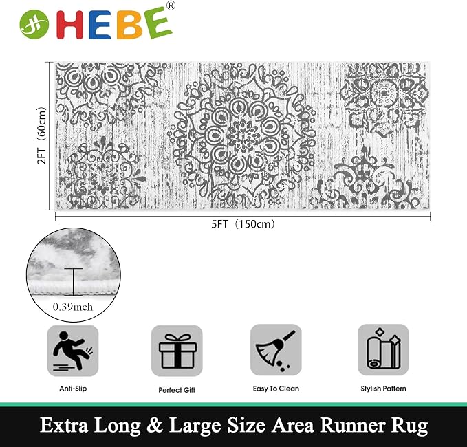 HEBE Hallway Runner Rug 2'x5', Washable Non Slip Kitchen Rug Runner | Soft Boho - Image 2