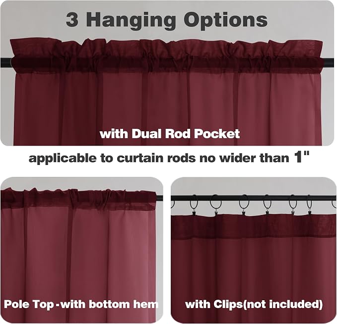 Chyhomenyc Sheer Curtains 63 Inch Length 2 Panels, Burgundy | Light Filtering - Image 3