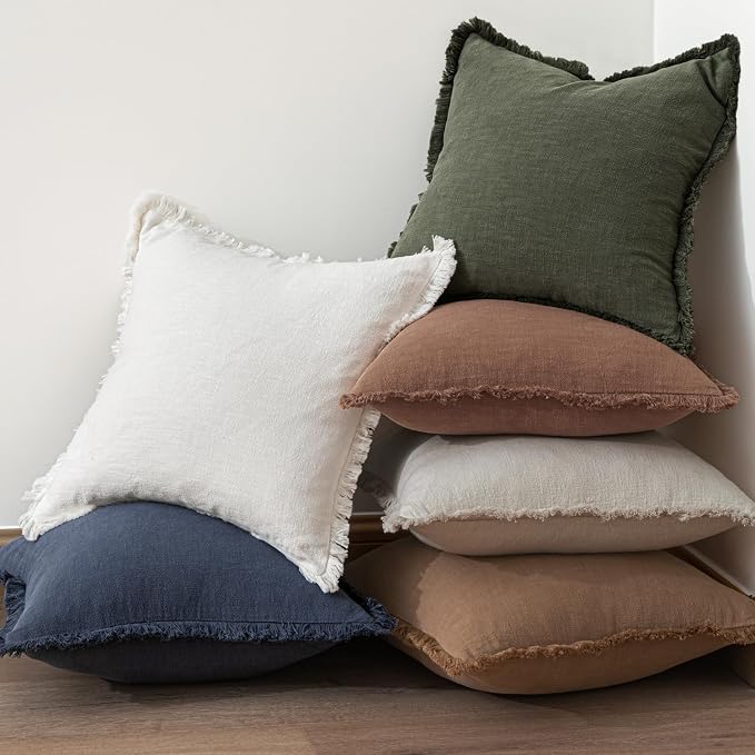 MIULEE Boho Linen Fringe Decorative Throw Pillow Covers Rifle Green 20x20 | Set - Image 6