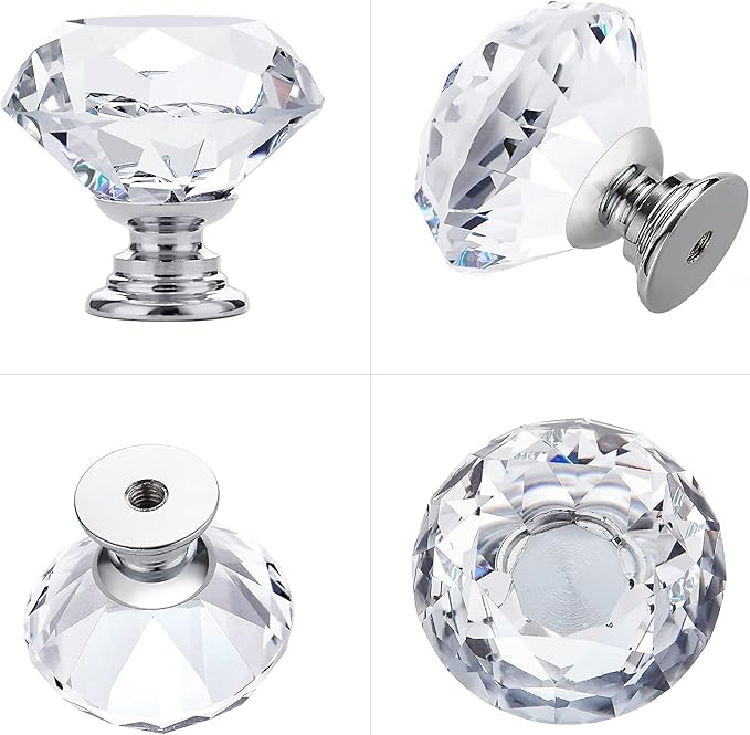 Ravinte 30 Pack Crystal Drawer Knobs - Glass Cabinet Knobs, Diamond Shaped, 30 mm, Silver Base