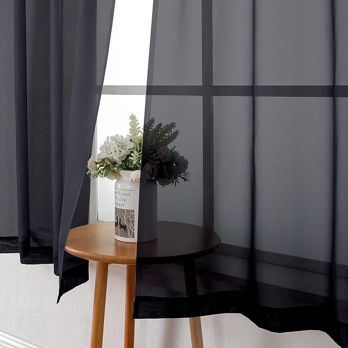Black Sheer Curtains 54 Inch Length 2 Panels Set, Lightweight Short Curtains - Image 4