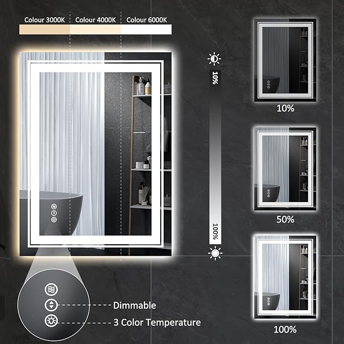 32" x 24" LED Bathroom Mirror with Lights, Front and Backlit Mirror, Anti-Fog Lighted Vanity Mirror, Stepless Dimmable, 3 Colors LED Mirror (Horizontal/Vertical)