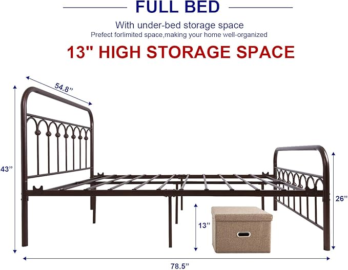 TUSEER Metal Bed Frame Full Size with Vintage Headboard and Footboard Platform Base Wrought Iron Double Bed Frame (Antique Brown,Full).