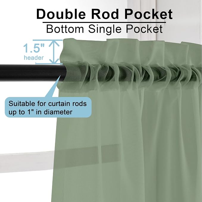Sage Green Sheer Curtains 96 Inches Long 2 Panels Set, Elegant Sheer Curtains - Image 4