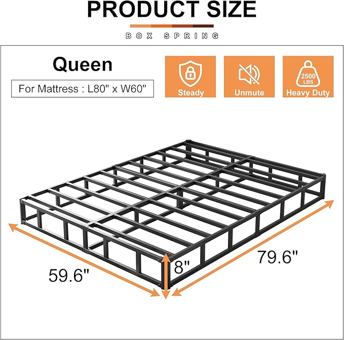 EMODA 8 Inch Queen Box Spring Bed Base, 3000 LBS Heavy Duty Metal Mattress Foundation with Fabric Cover, Easy Assembly