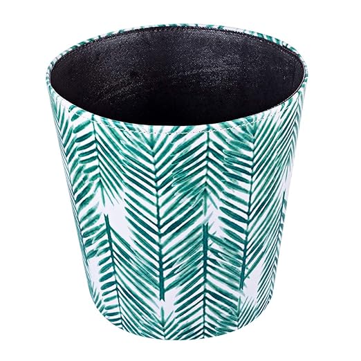 Paper Wastebasket Without Lid PU Leather Round Decorative Trash Bin Garbage Can Dustbin for Hotel Dormitory Kitchen Bedroom Bathroom Office Green Leaves