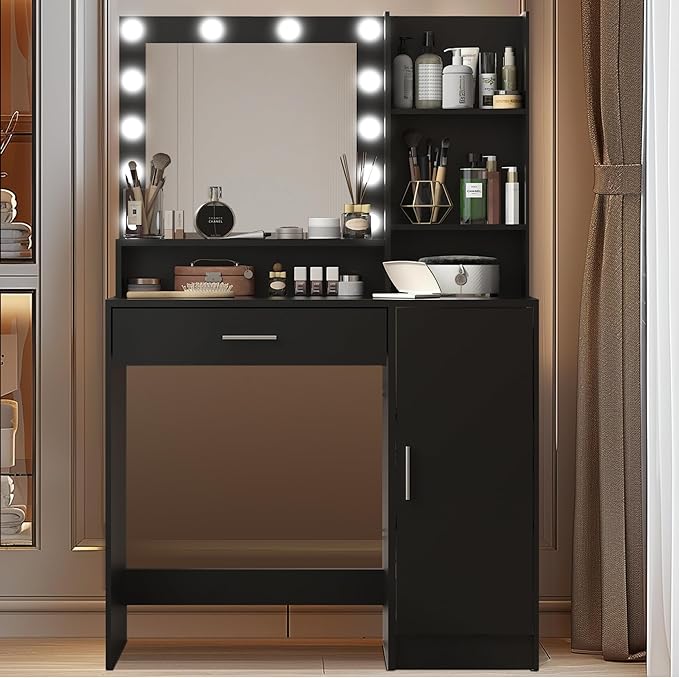 Vanity Desk with Mirror & Light, Large Drawer & Three Level Storage Dresser, 3 Lighting Modes Adjustable Brightness, Bedroom Dressing Table (Black)