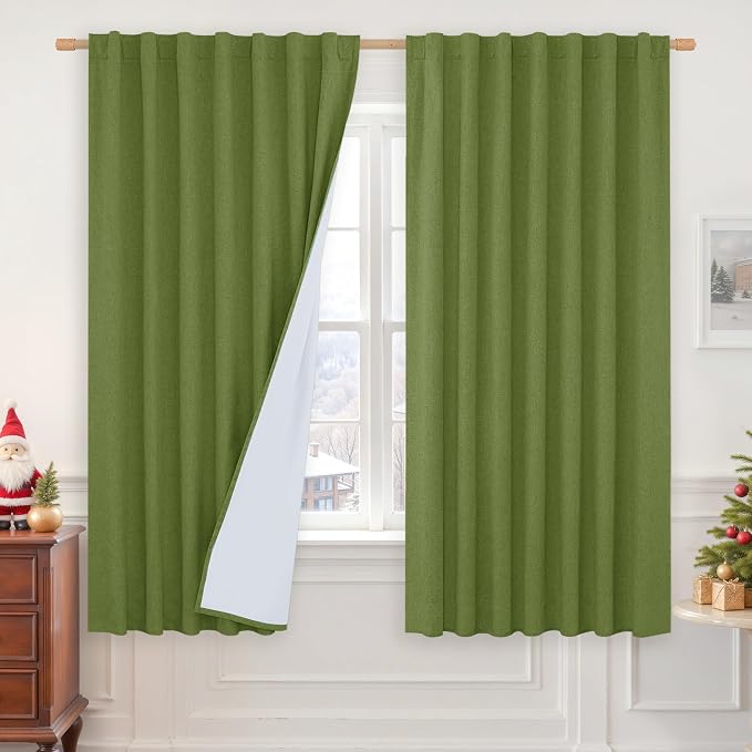100% Blackout Linen Bedroom Curtains 63 Inches Long 2 Panels | Sage Green by LAMIT