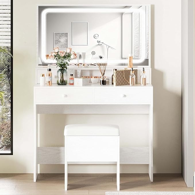 IRONCK Vanity Desk with LED Lighted Mirror & Power Outlet, Makeup Vanities Table with 4 Drawers,Storage Bench,Dressing Table for Bedroom White