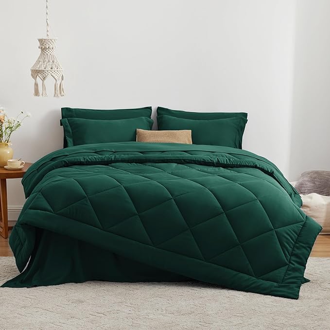 Love's cabin Twin XL Comforter Set Dark Green, 5 Pieces Twin XL Bed in a Bag, All Season Bedding Sets with 1 Comforter, 1 Flat Sheet, 1 Fitted Sheet, 1 Pillowcase and 1 Pillow Sham