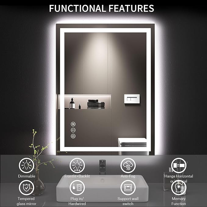 LOAAO 20X28 LED Bathroom Mirror with Lights, Anti-Fog, Dimmable, Backlit + Front Lit, Lighted Bathroom Vanity Mirror for Wall, Memory Function, Tempered Glass, Shatter-Proof, ETL Listed