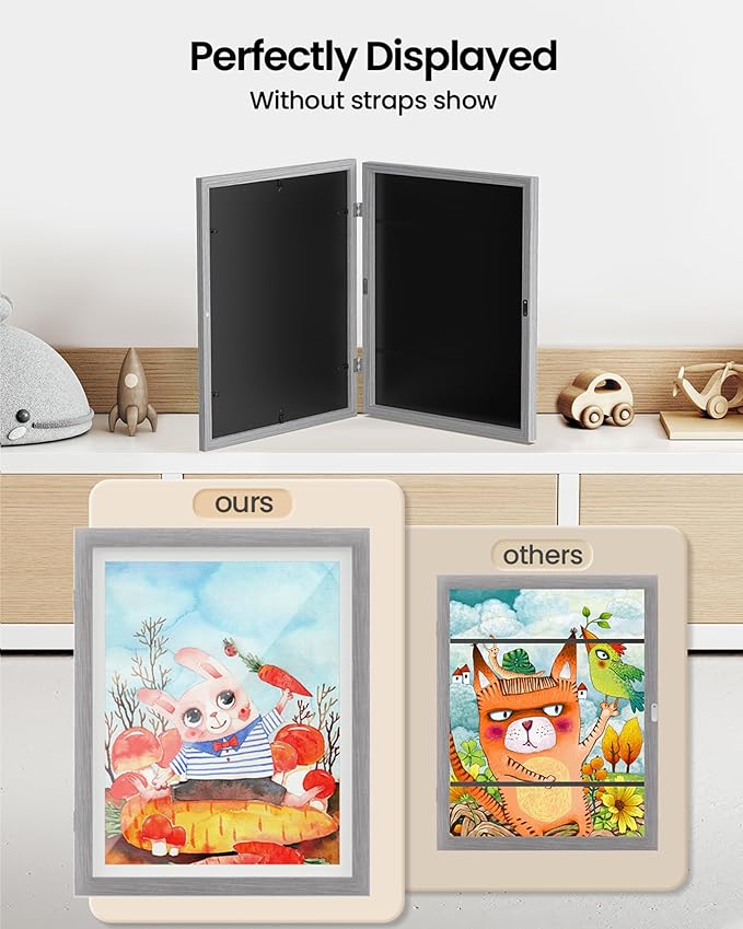 BAIJIALI 2 Packs Grey Kids Art Frames for Kids Artwork Frames Changeable Display 8.5x11 with Mat or 9x12 without Mat,Picture Frame for Kids Artwork Front Opening Holds 150 Horizontal &Vertical For