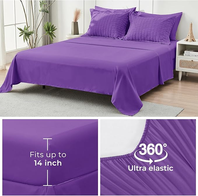 HYMOKEGE Dark Purple King Size Comforter Set Seersucker 7 Pieces, All Season Luxury Bed in a Bag for Bedroom, Bedding Set with Comforter, Sheets, Pillowcases & Shams