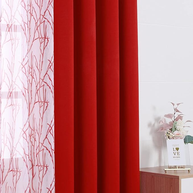 BONZER Mix and Match Curtains - 2 Pieces Branch Print Sheer Curtains and 2 Pieces Blackout Curtains for Bedroom Living Room Grommet Window Drapes, 54x63 Inch/Panel, Red, Set of 4 Panels