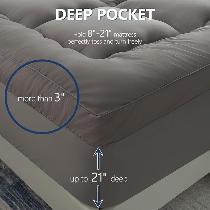Marine Moon Mattress Topper King Cooling Bed Topper, Extra Thick Soft Mattress Pad Cover, Plush Hotel Quality Down Alternative Pillow Top Mattress Topper for Back Pain Relief with Deep Pocket, Grey