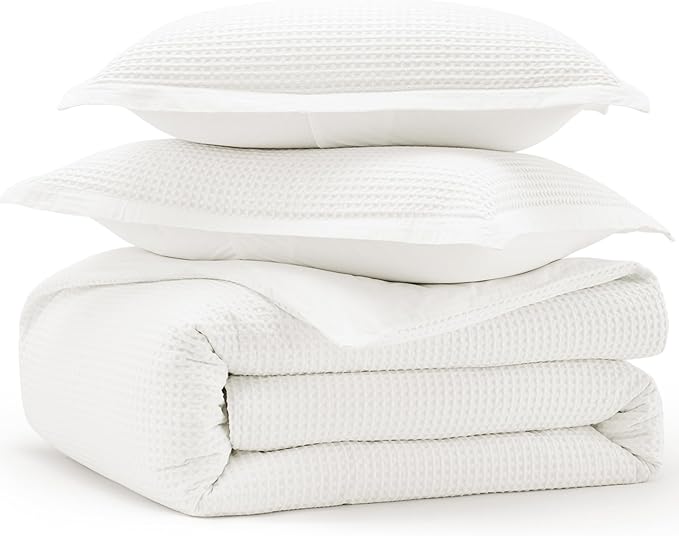 Bedsure Cotton Duvet Cover Set - 100% Cotton Waffle Weave Coconut White Duvet Cover Oversized Queen Size, GentleSoft™ and Breathable Bedding Set for All Season, 3 Pieces, 98"x98"
