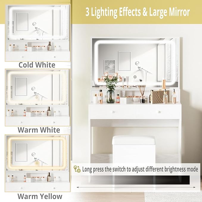 IRONCK Vanity Desk with LED Lighted Mirror & Power Outlet, Makeup Vanities Table with 4 Drawers,Storage Bench,Dressing Table for Bedroom White