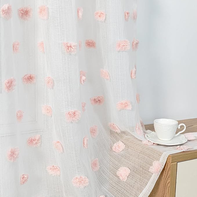 MYSKY HOME Short Curtains for Small Window 54 Inches Long Kitchen Pink Pom Pom Sheer for Bedroom Living Room Cafe Nursery Girls Kids Rod Pocket 2 Sets Boho Voile 37 x 54 in