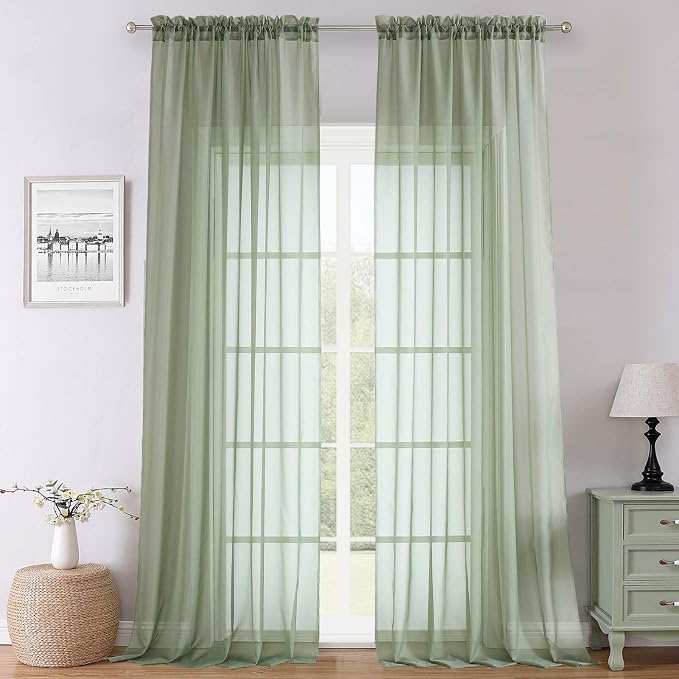Sage Green Sheer Curtains 108 Inches Long 2 Panels, Extra Wide Airy Voile Sheer by Lecloud