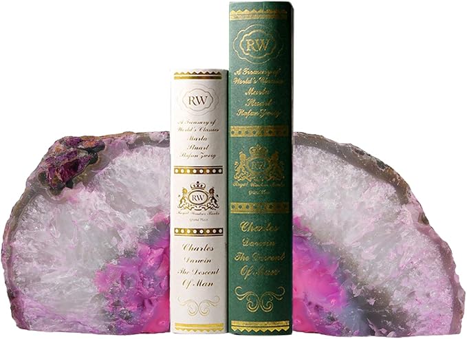 AMOYSTONE Brazilian Rock Bookends 1 Pair Pink Agate Geode Bookends 3-4 Lbs for Video Games CDs Unique Bookends Home Decorative