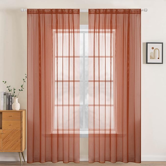 MIULEE Fall Burnt Orange Sheer Curtains 54 X 96 Inches, 2 Panels | Solid Color by MIULEE