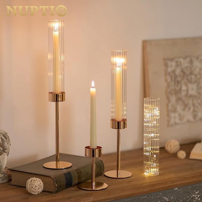 NUPTIO Tall Candlestick Holders for Centerpiece: Hurricane Candle Stick Holders with Ribbed Glass Sleeve - Gold Metal Candleholder Set of 3 for Table Fireplace Living Room Decor