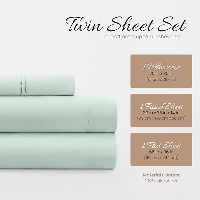 Linen Market Double-Brushed Microfiber Twin XL Sheet Set 3 Piece – Oeko-TEX Certified Ultra Soft & Wrinkle-Free - 16" Deep Pocket Sheets - Easy Care Twin XL Size - Mint