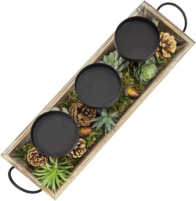 MyGift Solid Torched Wood Candlescape Display Tray Set with Metal Pillar Candle Holder and Decorative Fake Succulent Plants and Pine Cones - Holds 3 Candles