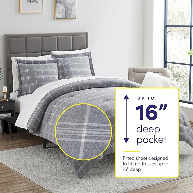 7 Piece Comforter Set Bag Solid Color All Season Soft Down Alternative Blanket & Luxurious Microfiber Bed Sheets, King, Gray Plaid