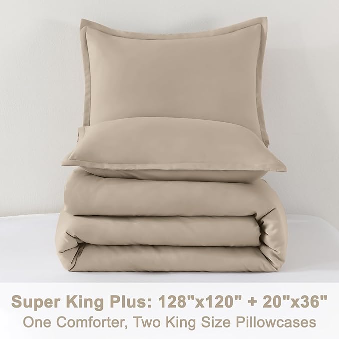 Litanika Oversized King Comforters Khaki Super King Plus Size, 3 Pieces Lightweight Solid Bedding Comforter Set, All Season Fluffy Bed Set (128x120In Comforter & 2 Pillowcases)