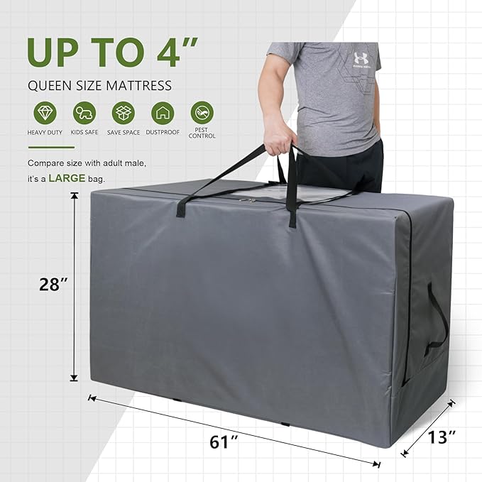 Cuddly Nest Folding Mattress Storage Bag - Heavy Duty Carry Case for Tri-Fold Guest Bed (Fits 4" Queen Mattress,Grey)