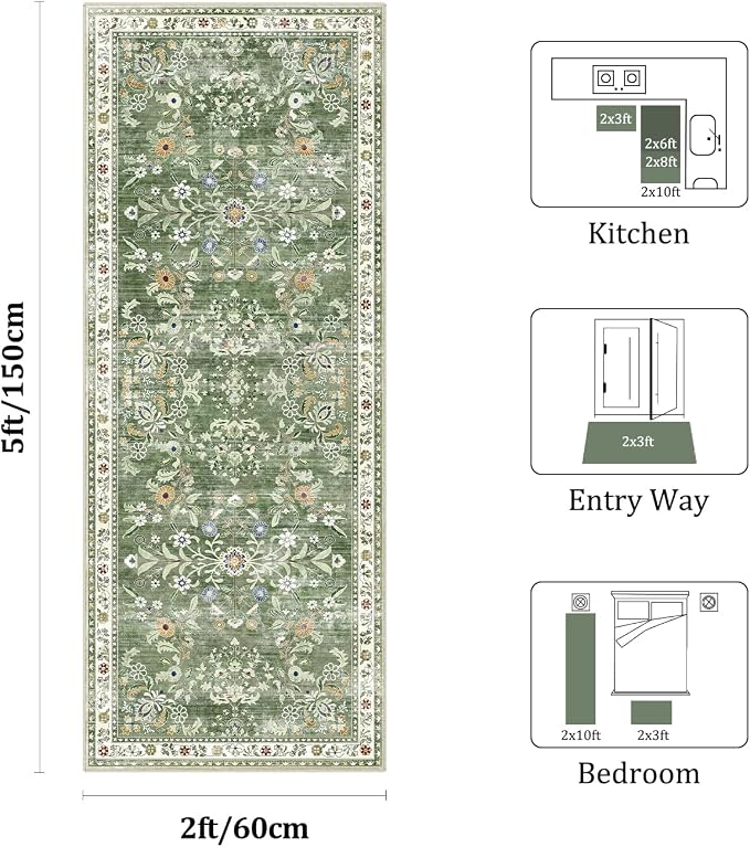 Yamaziot 2x5 Washable Hallway Runner Rug Non Slip Floral Carpet, Sage Green | - Image 2