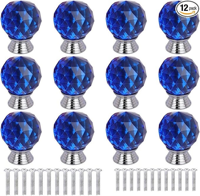 12 Pcs 30mm Round Shape Crystal Glass Cabinet Knobs with Screws Drawer Knob Pull Handle Used for Kitchen, Dresser, Door, Cupboard（Blue）
