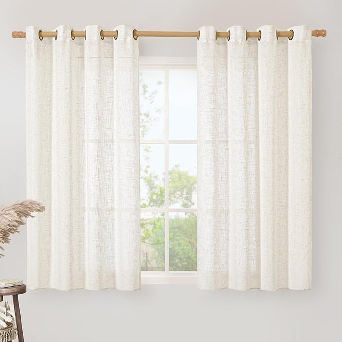 Linen Semi Sheer Curtains 45 Inch Length, Cream Light Filtering Short Linen by LAMIT