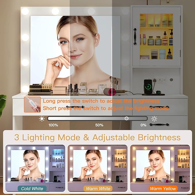 Quimoo Vanity Desk, Makeup Vanity with Lights, Large Mirror Vanity with 3 Drawers and 2 Cabinets, Vanity Table Set with Power Outlet and Glass Tabletop, for Bedroom, White