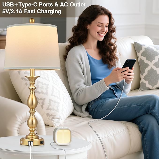 28" Tall Modern Table Lamps Set of 2 with USB A+C Ports and AC Outlet, 3 Way Touch Metal Bedside Lamps for Bedroom, Gold Farmhouse Nightstand Lamps for Living Room