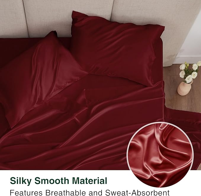 Love's cabin Satin Queen Sheets Set - 4 Piece Burgundy Silky Bed Sheets with Deep Pocket, Luxury Silk Feel Satin Queen Size Sheet Set (1 Flat Sheet,1 Fitted Sheet,2 Pillow Cases)