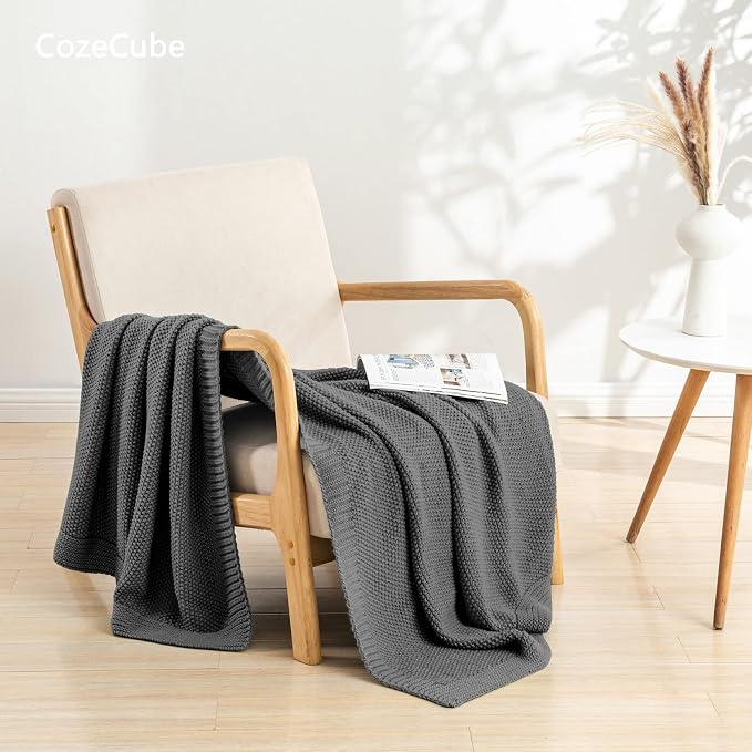 CozeCube Charcoal Grey Seed Stitch Throw Blanket 60"x80", Farmhouse Decor | - Image 5