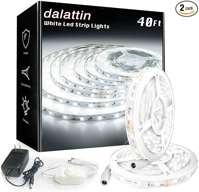dalattin White LED Strip Lights, 40ft Dimmable LED Light Strip 6500K Bright Daylight White 24V, 720 LEDs 2835 Tape Lights for Bedroom, Kitchen, Mirror, Home Decoration(2 * 20ft)