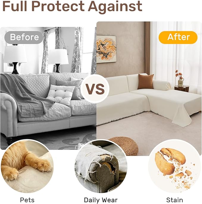 2 Pieces Sectional Couch Covers L Shaped Cover XXXL Cream White | Thick - Image 4