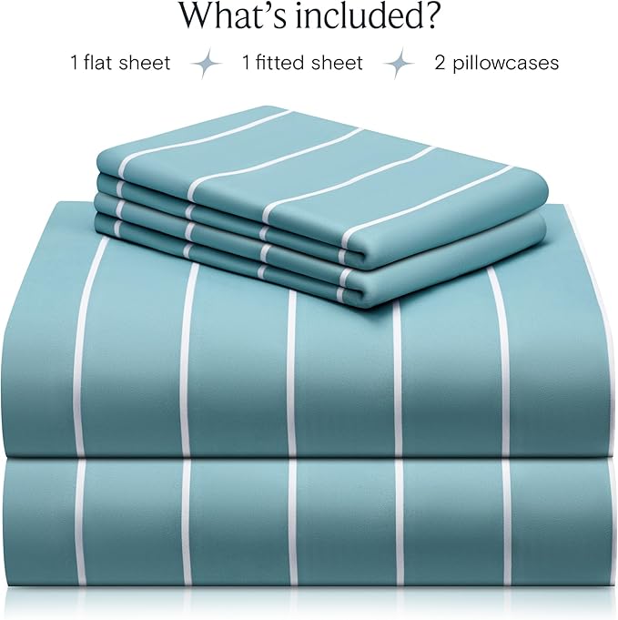 LuxClub 4 PC Queen Size Sheet Set Bed Sheets, Breathable Luxury Deep Pockets 16" Wrinkle Free Cooling Sheets Machine Washable Hotel Bedding (Queen, Striped Light Blue)