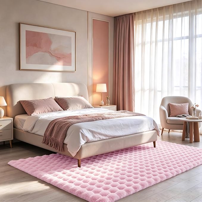 Pink Rabbit Plush Rug 3'x5', Fluffy Shaggy Area Rug by CHOVY