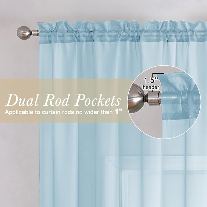 Solid Voile Sky Blue Sheer Curtains 63 Inch Length 2 Panels, Dual Rod Pockets - Image 2
